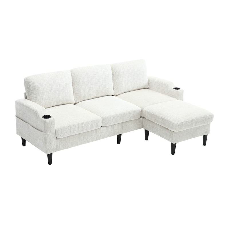 Modular Sectional Sofa with Storage Ottoman, Comfy Chenille Fabric Sofa, 3-Seater Sofa with Side Pockets & 2 Cup Holders