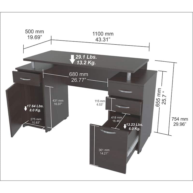 43" Espresso Computer Desk With Four Drawers