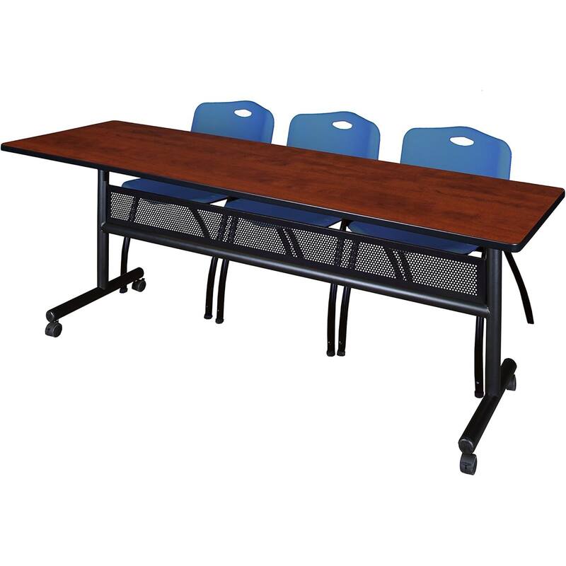 84" x 24" Flip Top Mobile Training Table with Modesty Panel- Cherry and 3 "M" Stack Chairs- Blue