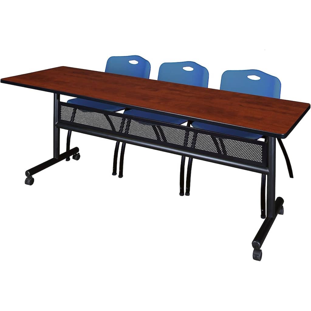 84" x 24" Flip Top Mobile Training Table with Modesty Panel- Cherry and 3 "M" Stack Chairs- Blue