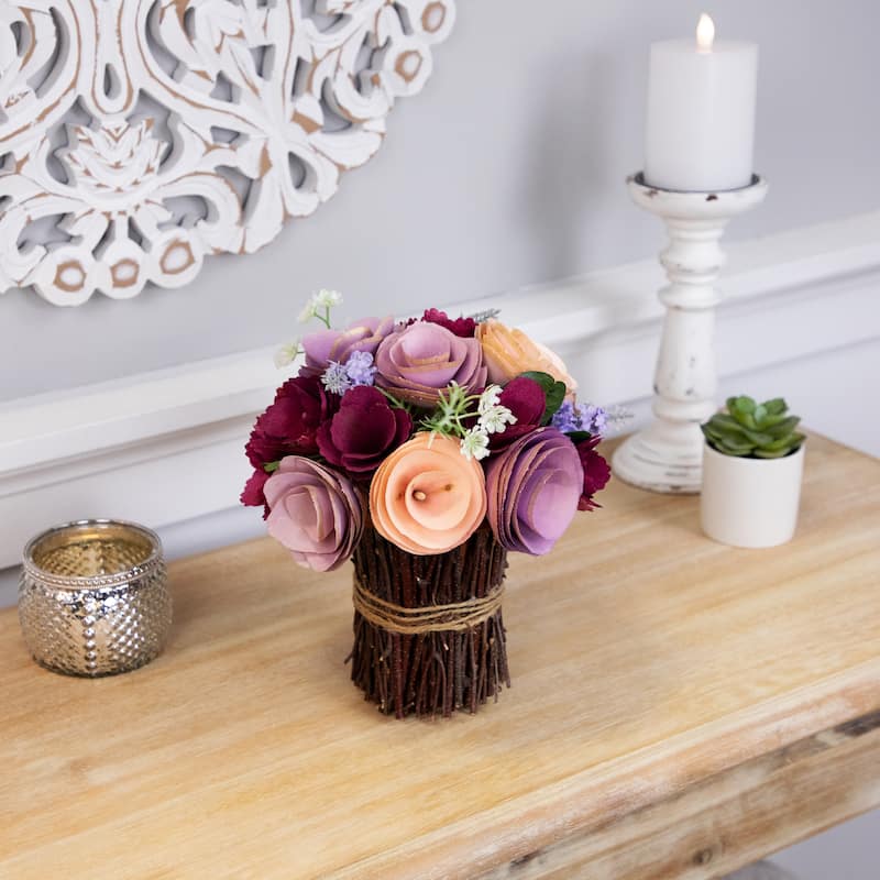 Wooden Floral Artificial Spring Bouquet - 9.5" - Wine Red and Purple