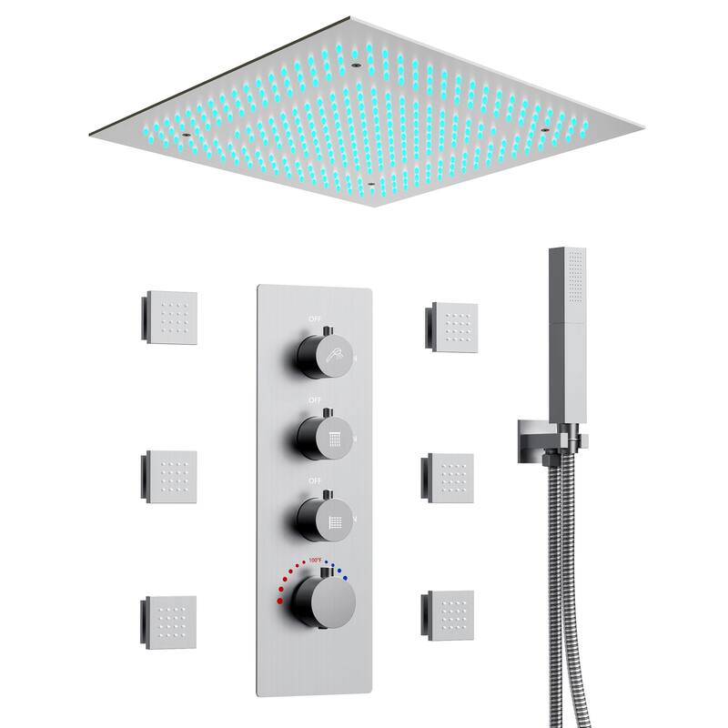 64 Color LED Mood Lighting Thermostatic Shower System,20"Ceiling-Mount Shower Head with 3-Functions Spray