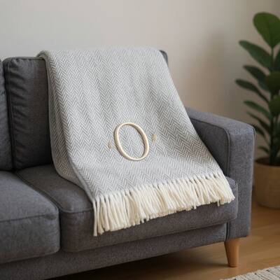 HomeRoots 55" X 70" Gray And White Herringbone Cotton Blend O Initial Throw Blanket with Tassels And Embroidery