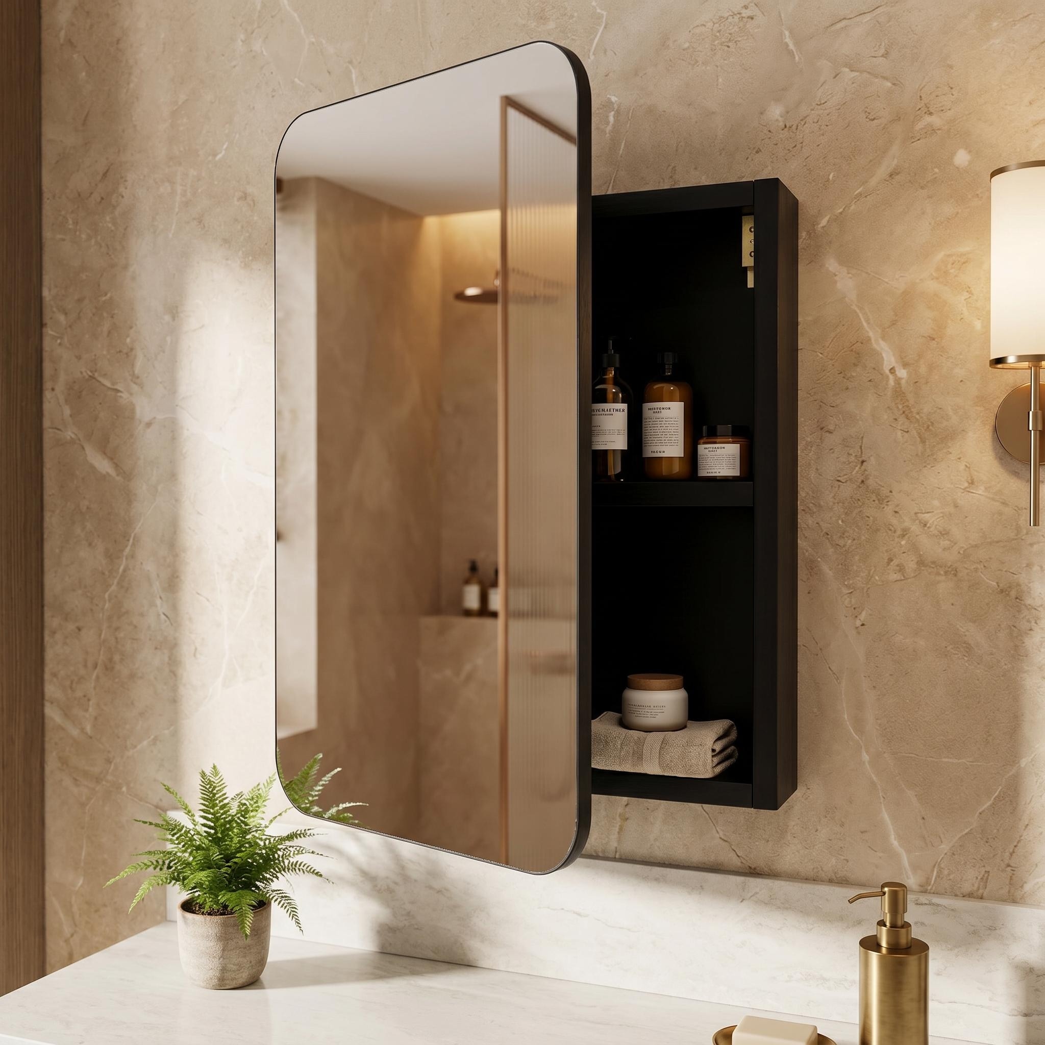 Black Bathroom Mirror Cabinet Wall Mounted Medicine Cabinet Reversible Door, Bathroom Storage Organizer