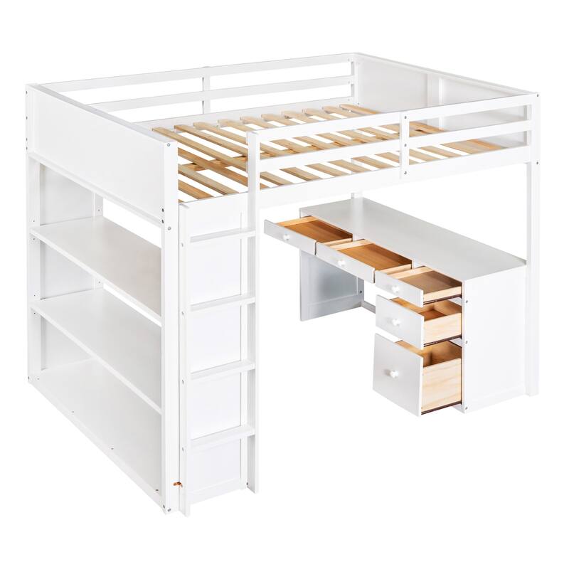 Twin/Full Size Loft Bed with Desk & Shelves for Kids/Adults, Wood Loft Beds w/Guardrails & Ladder for Dorm,Bedroom,Guest Room