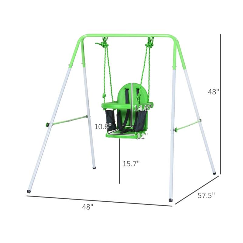 Green Steel and PE Kids Swing Set with Safety Belt and Anti-Slip Pads - 57.5" L x 48" W x 48" H