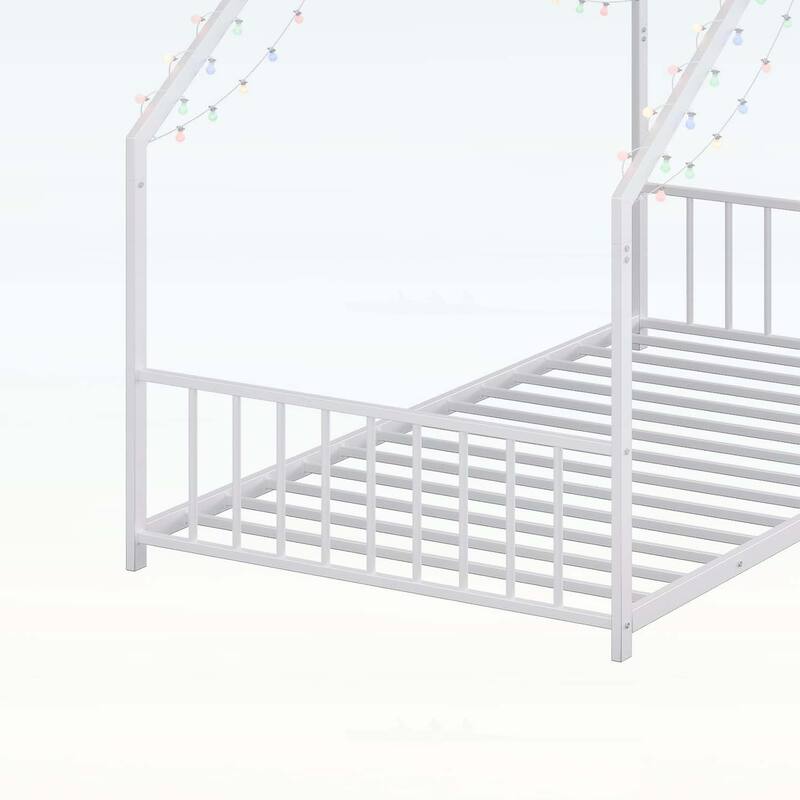 Platform Bed with LED light strips,roof-shaped iron frame,and low profile design for safety and style