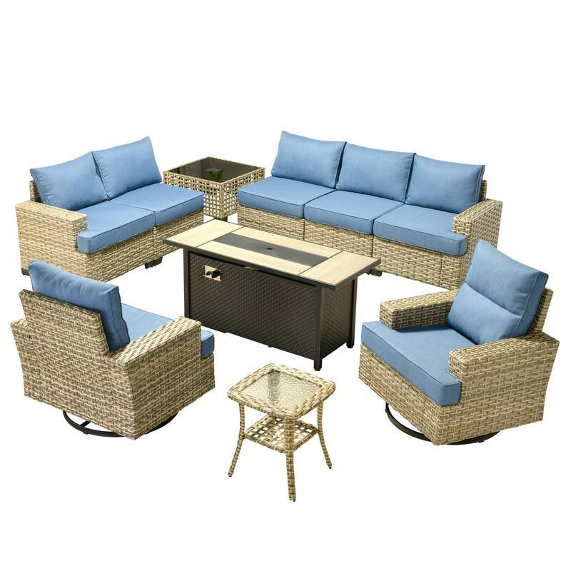 HOOOWOOO 10-piece Rattan Wicker Patio Outdoor Furniture Fire Pit Set with Swivel Rocking Chairs