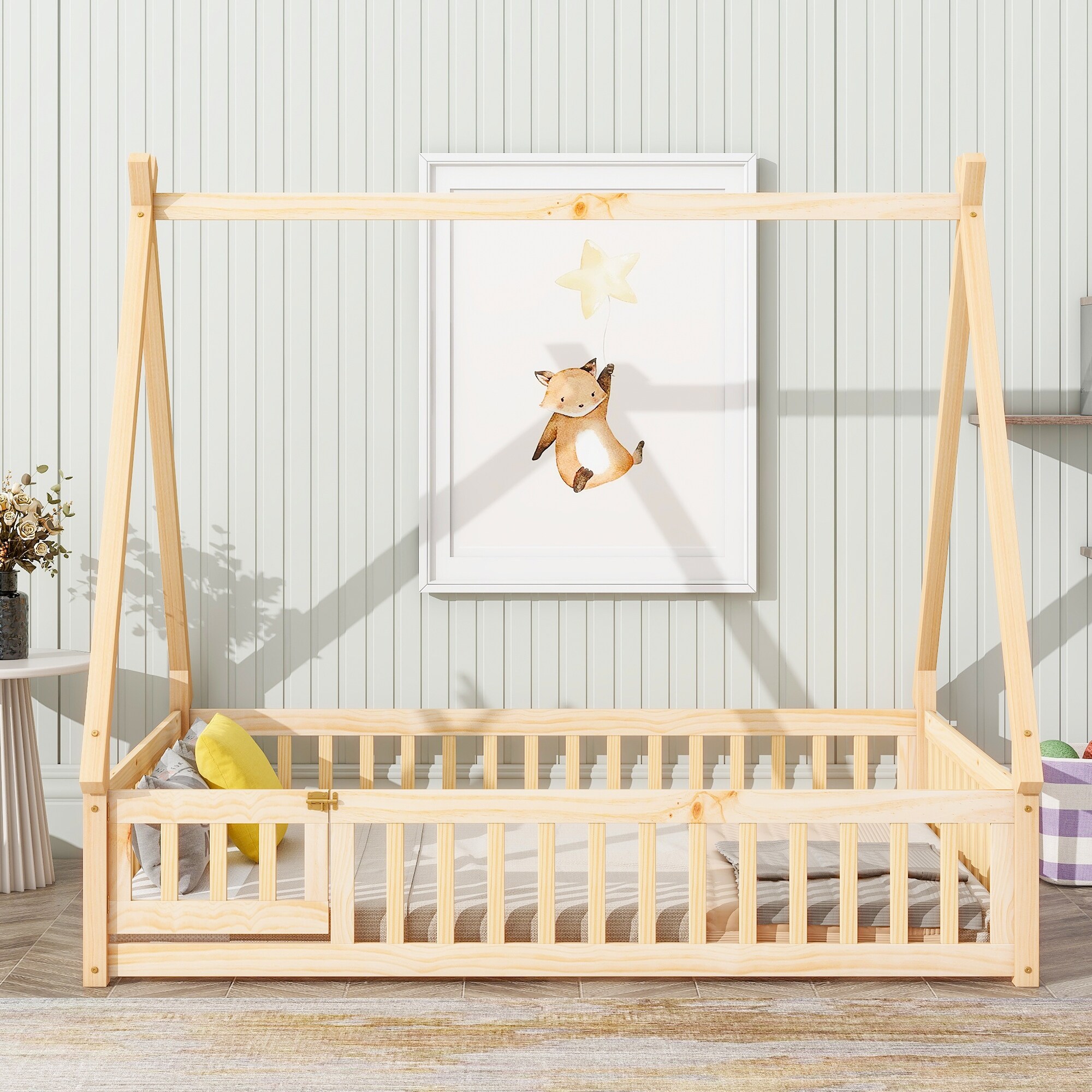 Full House Bed for Kids Tent Wood House Bed Frame Full Size Floor Play House Bed with Slat No Box Spring Needed Natural Bed Bath Beyond 39989673