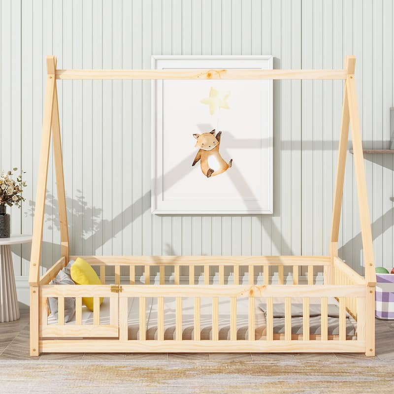 Tent-Shaped Full Bed with Guardrails and Door, Floor Bed Design for Kids
