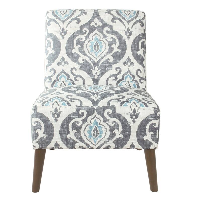Armless Accent Chair, Vintage Medallion Print, Blue White Polyester