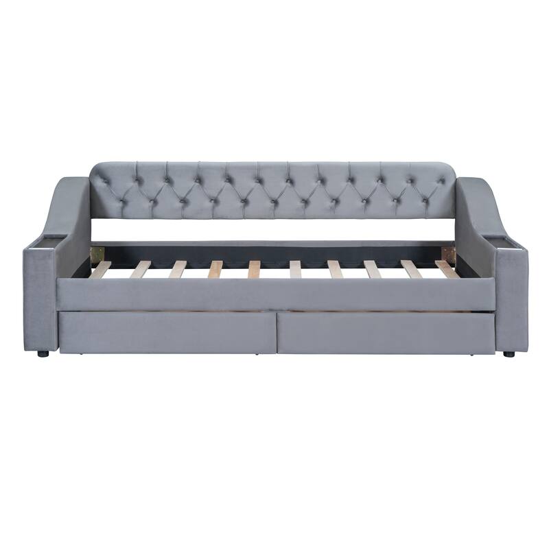 Twin Size Upholstered Daybed w/ 2 Storage Armrests, Drawers, USB Ports