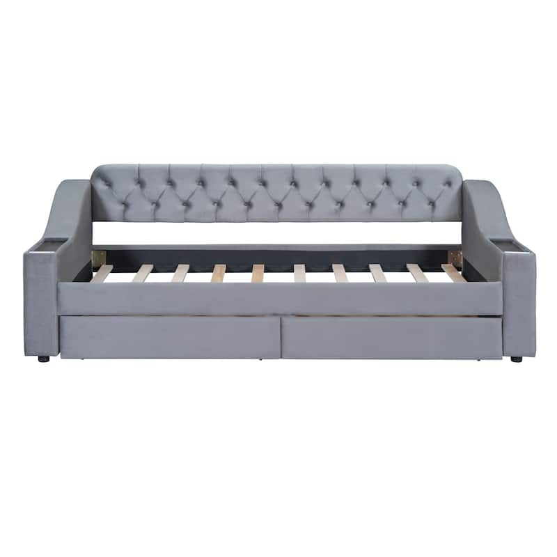 Velvet Upholstered Twin Daybed with Storage Armrests, 2 USB Ports, and Large Pull-Out Drawers, Modern Design