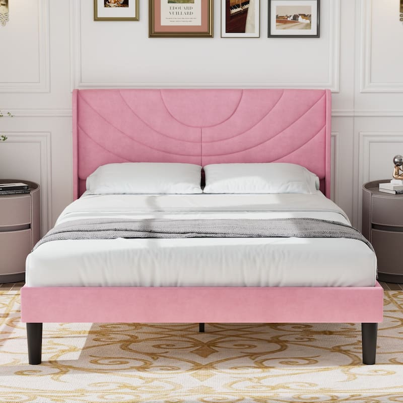 Javlergo Upholstered Bed Frame with Wingback Panel Headboard, No Box Spring Needed - Pink - Full