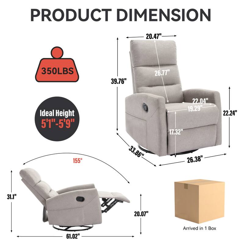Roomfitters Swivel Rocker Recliner Chair Manual 360 Degree Glider Lounge Sofa Padded Fabric Armchair for Living Room
