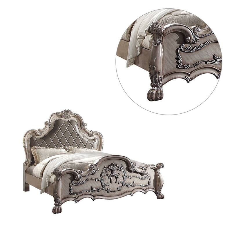 Faux Leather Eastern King Bed with Nailhead Trim in Vintage Bone White