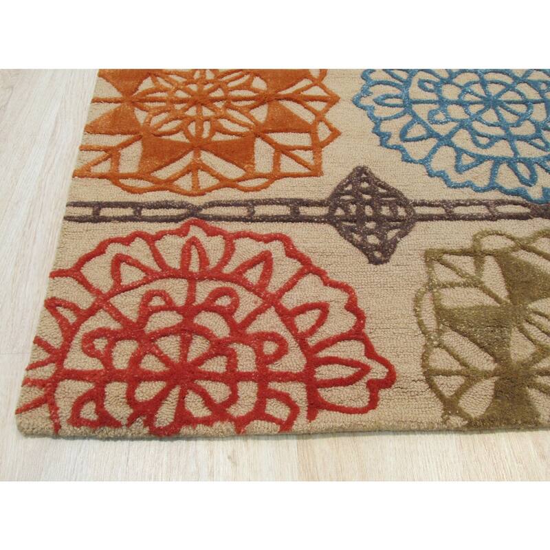 6' Round Modern Geometric Wool Area Rug, Beige, 0.5 Pile, Stylish Soft Design - L