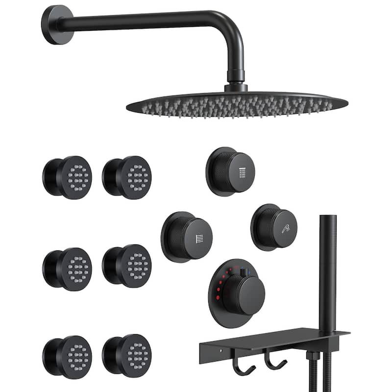GRANDJOY Shower Faucet System 12" Wall Mount Rainfall Shower Head Body Jets Handheld Spray with Hose Thermostatic