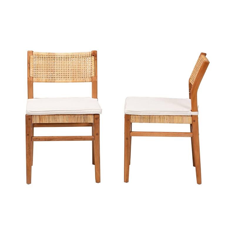 Chatura Natural Rattan and Mahogany Wood Dining Side Chair - Handwoven Wicker Dining Chair with Angled Back