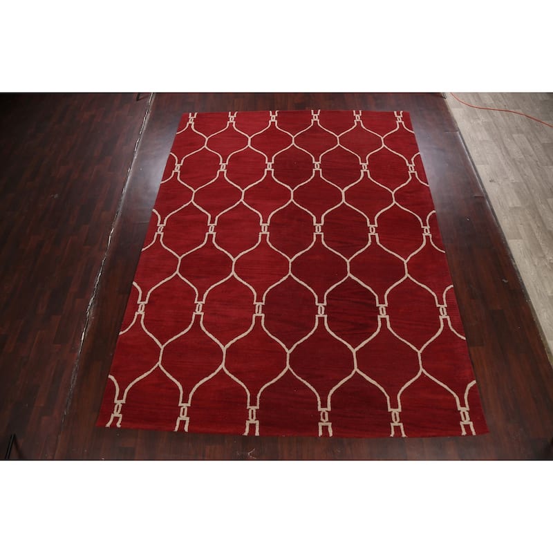 Red Trellis Oriental Contemporary Area Rug Hand-tufted Wool Carpet - 9'0" x 12'0"