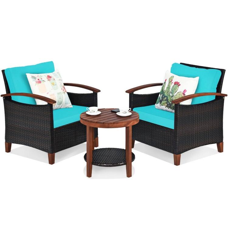 3-Piece Patio Rattan Furniture Set with Solid Wood Frame