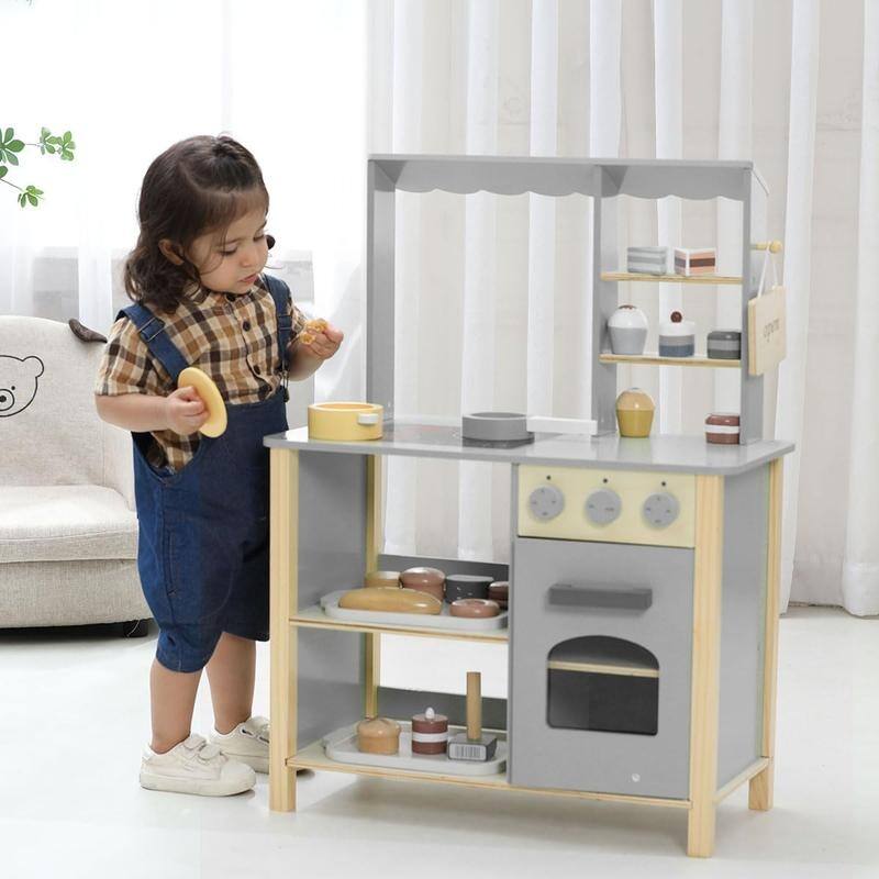 Wooden Play Kitchen Set for Kids – Pretend Chef Cooking Toy with 28 Accessories for Toddlers & Children