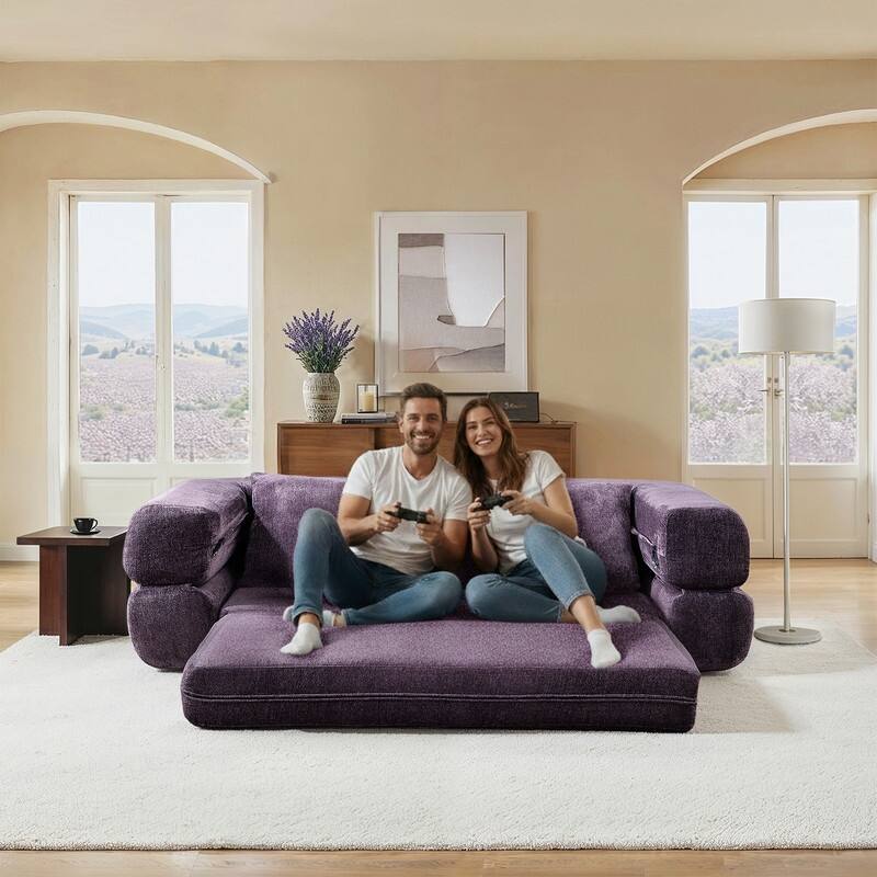 Modern Chenille Convertible Sofa Bed Queen Size Split Back Design