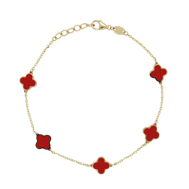 Italian Gold 14K Yellow Gold Clover Gemstone Bracelet - Made in Italy 7mm Clover Size 1.40 grams - Coral