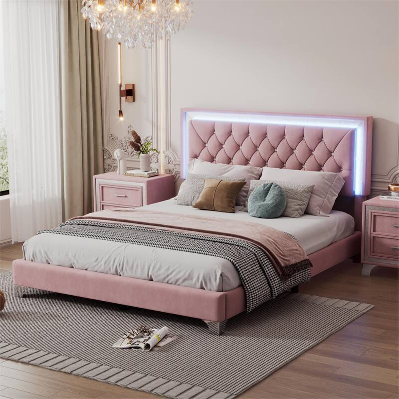 Queen OR Full Size Velvet Upholstered Bed Frame with LED Lights