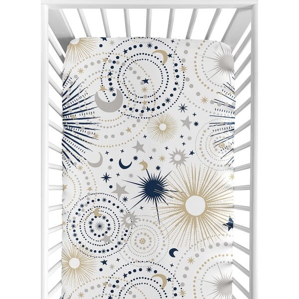 slide 2 of 6, Star and Moon Collection Boy or Girl Fitted Crib Sheet - Navy Blue, Gold, and Grey Celestial Sky Stars Gender Neutral Unisex