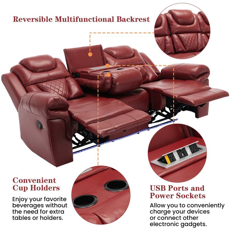Home Theater Seating Manual Recliner Chair with Center Console and LED Light Strip for Living Room, Black