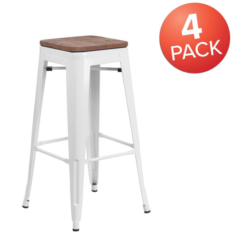 4 Pack 30" High Backless Metal Barstool with Square Wood Seat - White