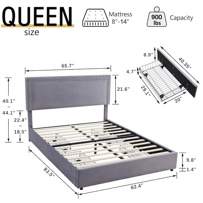 VECELO Upholstered Storage Bed Frames with 4 Storage Drawers Platform Bed Frame with Adjustable Velvet Rivets Headboard