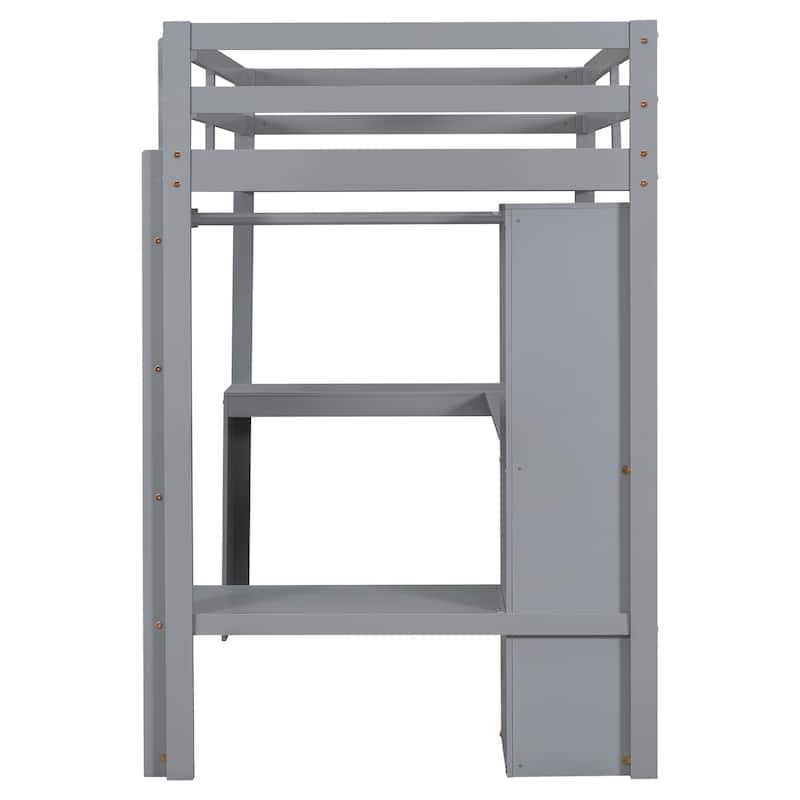 Solid Wood Loft Bed with L-shaped Desk and Storage Shelves