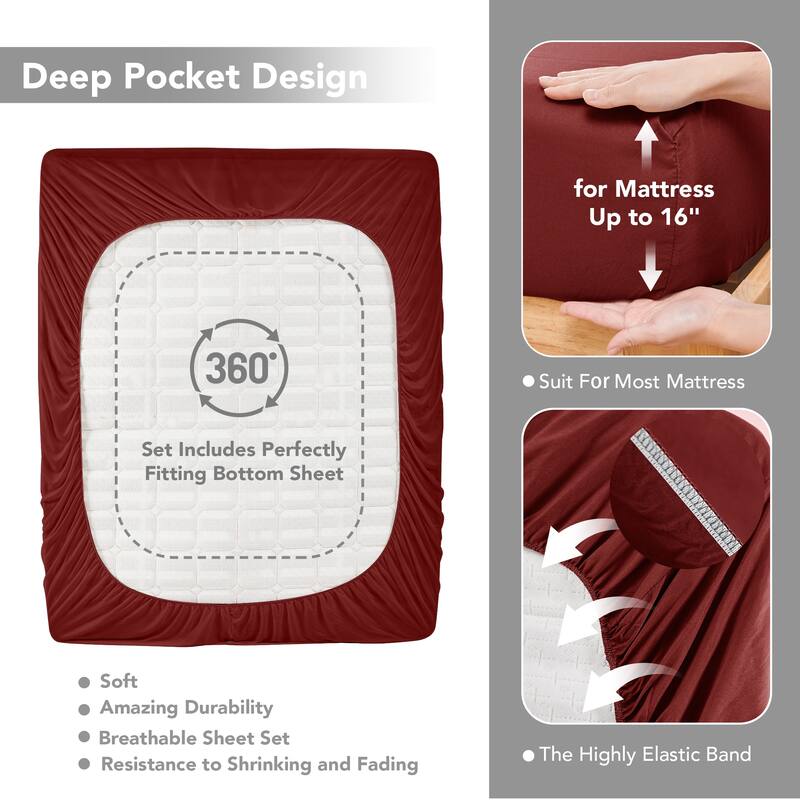 Deconovo 4-Piece Ultra-Soft Bed Sheet Set, 1800 Thread Count, Deep Pockets