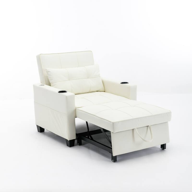 Leather Futon Armchair Bed with USB, Cup Holders & 3-Position Backrest