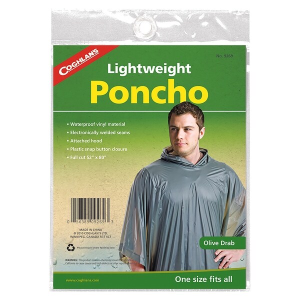 Coghlan's Medium-Weight Reusable Waterproof Vinyl Hooded Poncho - Olive Drab
