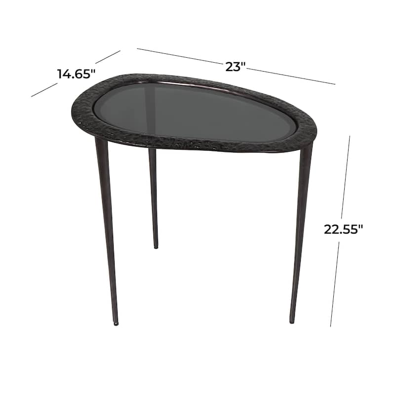 Aluminum Metal Abstract Oval Shaped Side End Table with Shaded Glass Top and Detailed Engravings - Black - Roche River Decor