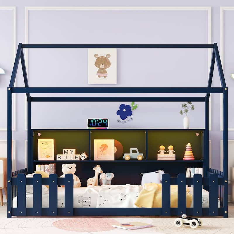 GDF Studio - Fairmont Twin Montessori House Bed with LED Light and Storage Bookshelf