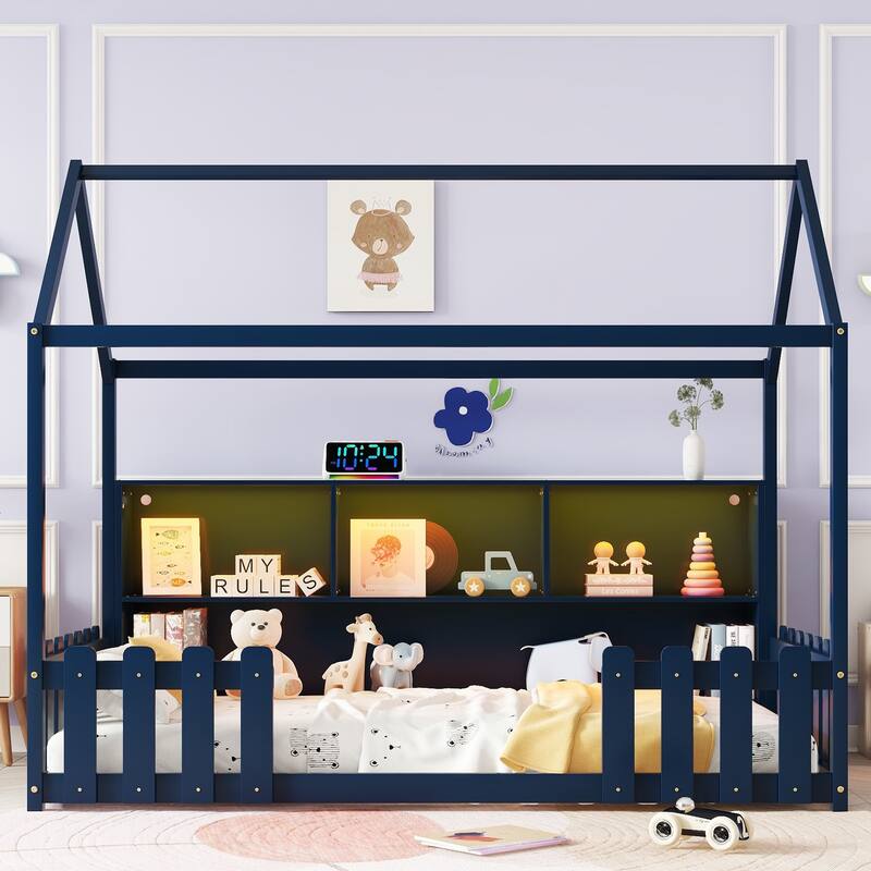 Twin Size House-shaped Bed Frame with Storage Bookshelf Built-in Lighting Strip for Kids Toddler Floor Bed with Wooden Fences