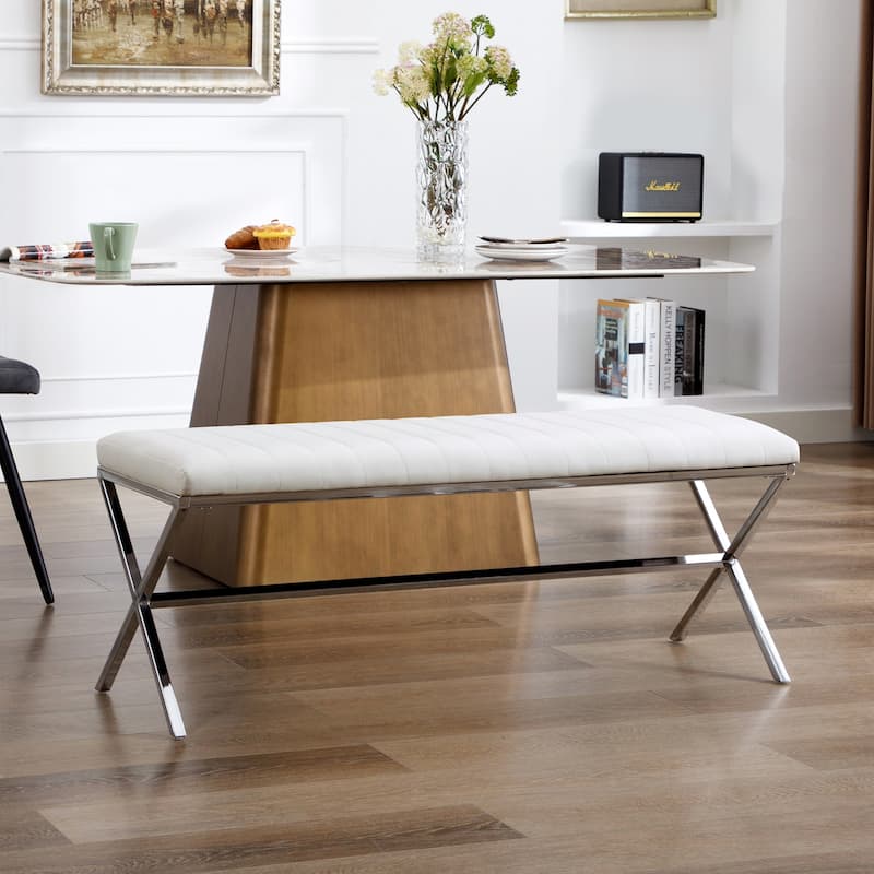 Tufted Faux Leather 46.5" Length Upholstered Dining Bench with Metal X Legs - White