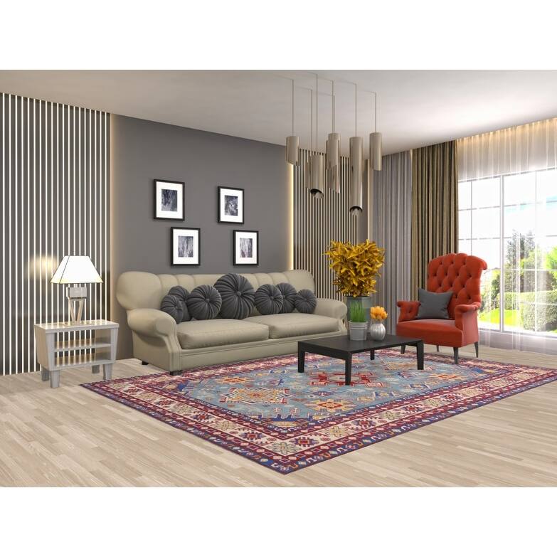 Hand Knotted Oriental 100% Wool Carpet Traditional Geometric Navy Blue & Blues Kazak Area Rug - 9' 8'' X 6' 7''