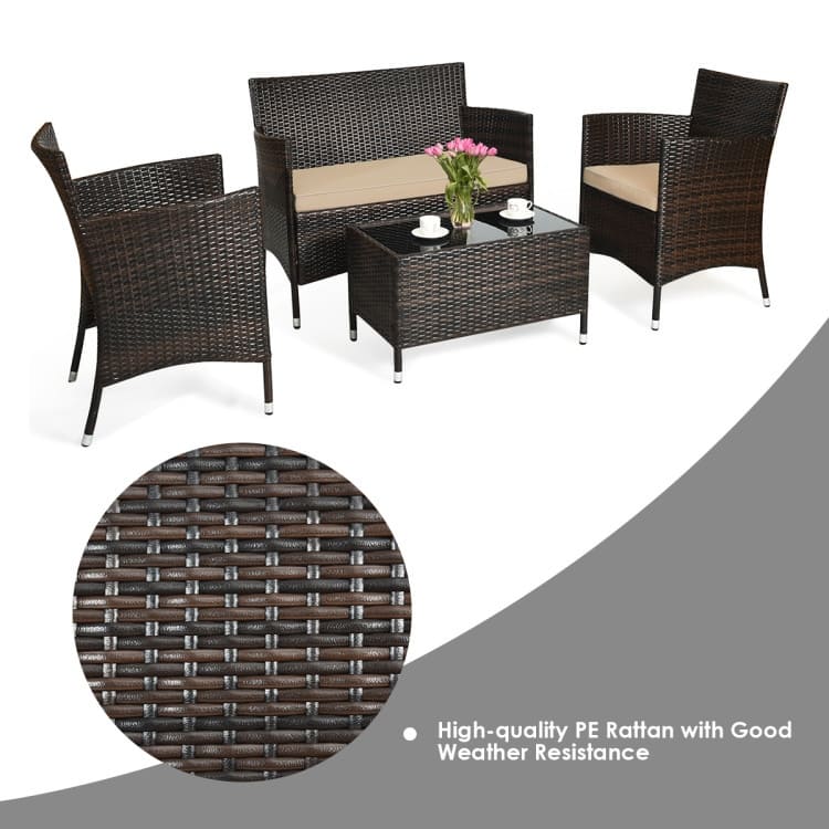 Rattan Patio Conversation Furniture Set with Glass Table and Comfortable Sofa - 4 Pcs