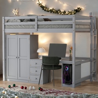 Full Size Loft Bed with Wardrobe, Desk, Drawers, and Open Storage Cabinet, Multi-Functional Space-Saving Design, Gray