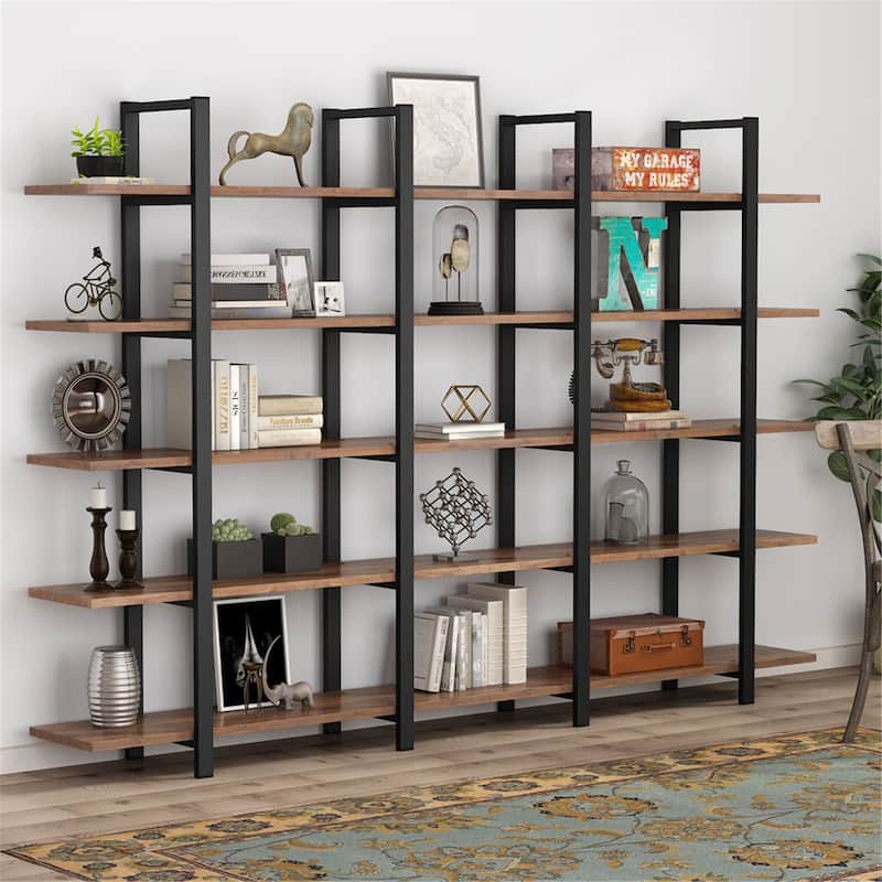 Brown Vintage Industrial 5-Tier Etagere Bookcase, White/ Gold Modern Display Bookshelf