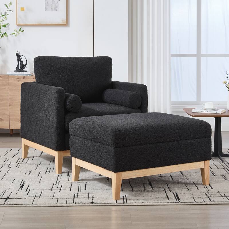Upholstered Wood Base Square Accent Arm Chair with Ottoman