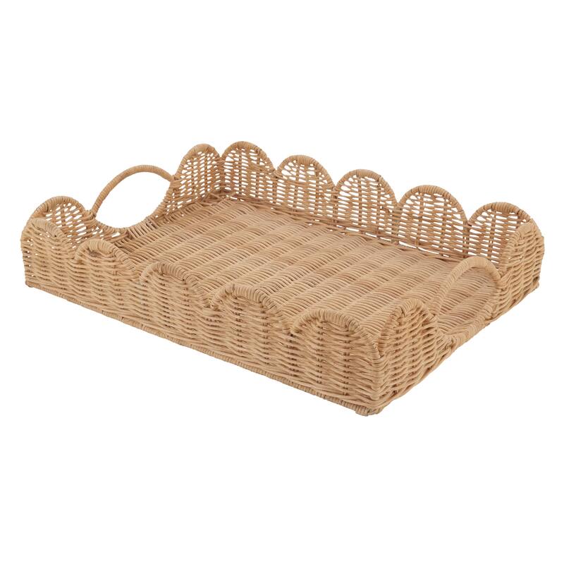 Scalloped Rattan Serving Tray with Handles - Handwoven Natural Wicker Decorative Tray, Kitchen & Entertaining, 16"x12"x3" - 16"x12"x3"