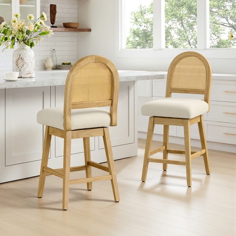 Spruce & Spring Boho Upholstered Rattan Bar Stools with Solid Wood Frame, Counter Height Kitchen Island Stools