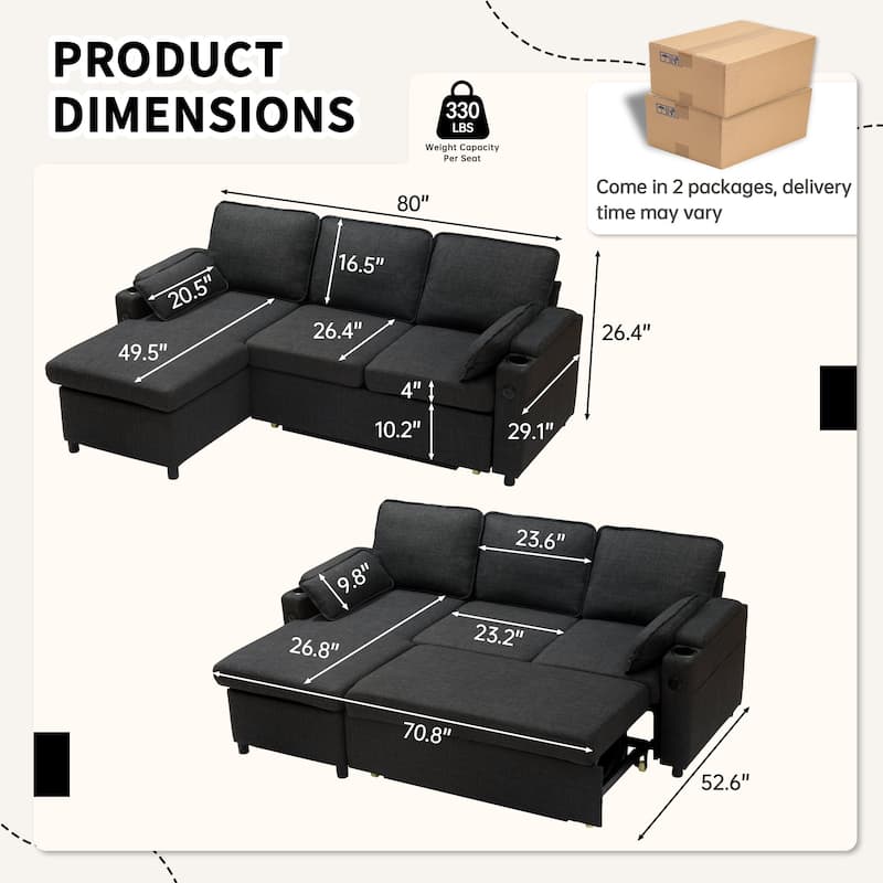 80" L-Shaped Sofa Couch Bed, Sofa Sleeper with Pull Out Bed, Reversible Sleeper Sofa Bed