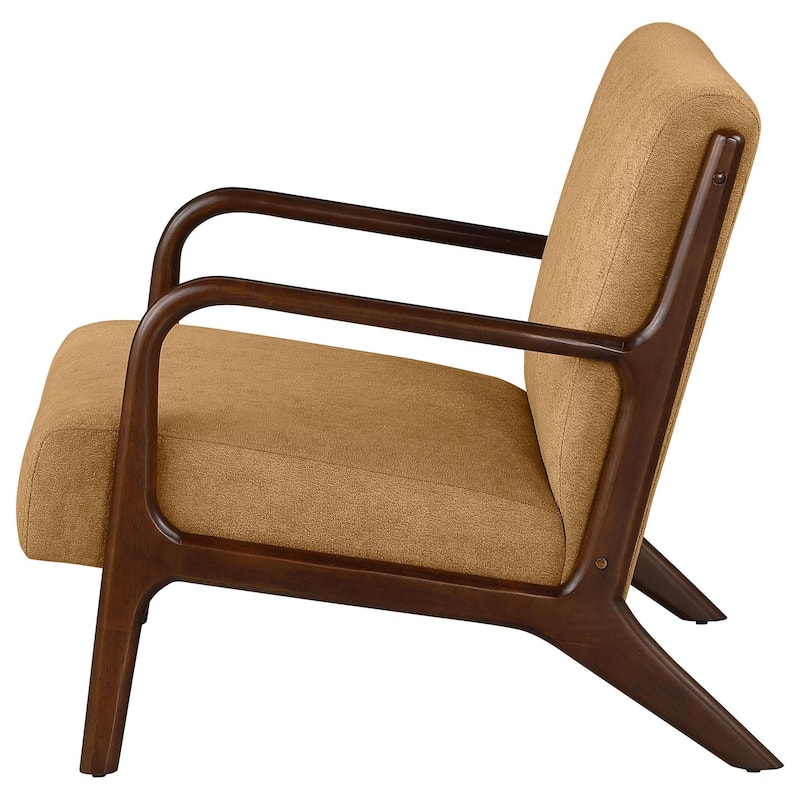 Arril Accent Chair, Soft Honey Orange Fabric Cushions, Dark Brown Wood
